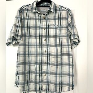 Columbia Omni Wick Button Up Shirt Mens M White Blue Plaid Short Sleeve Pocket